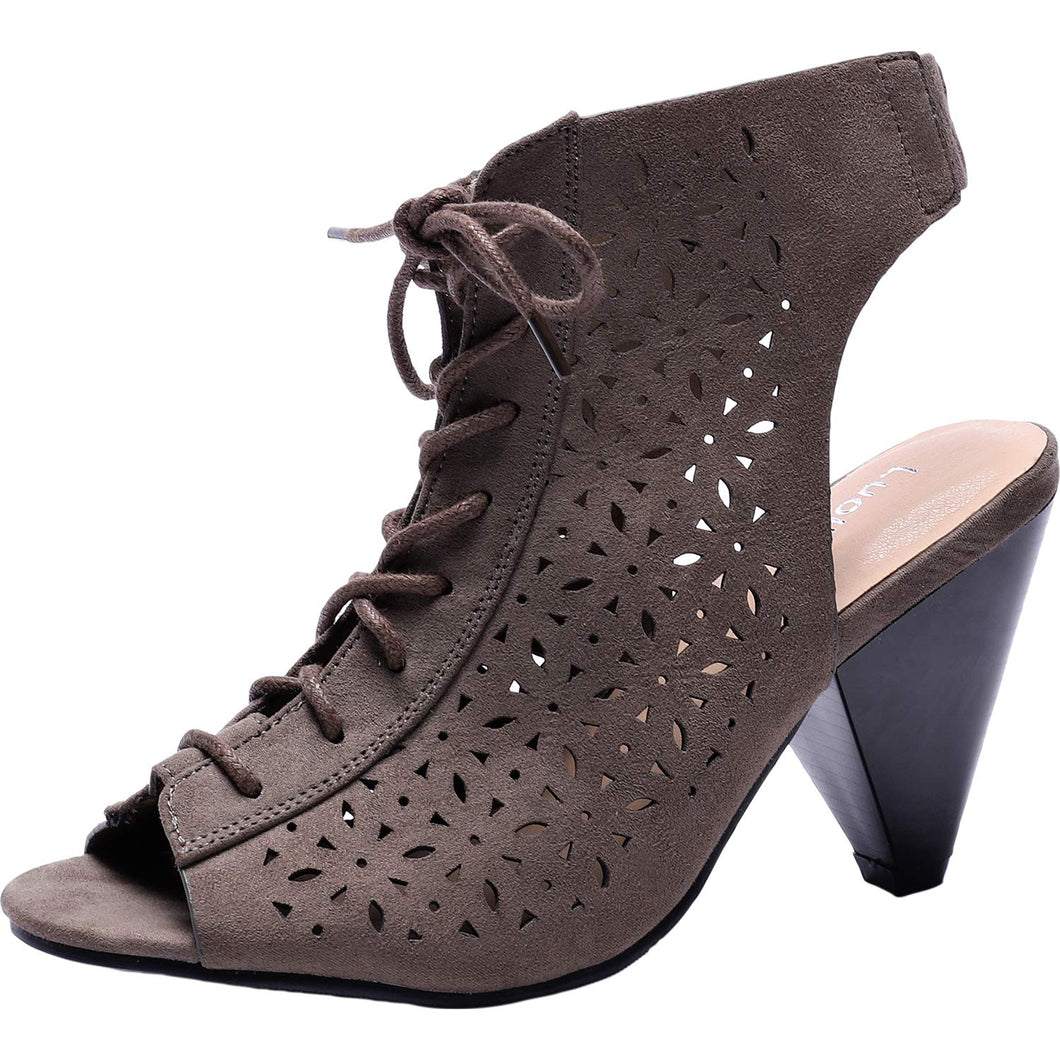 Women's Wide Width Heeled Sandals - Lace up Open Toe Cone Heel Suede Boots Summer Shoes.